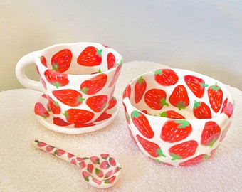 PREORDER: strawberries handmade breakfast set-fruit mug-fruit bowl-mug set-cute ceramics-fruit ceramics-fruit cup-handmade coffee cup-fruit