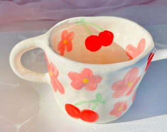 cherry blossom handmade ceramic mug-handmade mug,handmade ceramic mug,handmade clay mug,cute clay mug, cute flower mug,cute cherry mug,mug