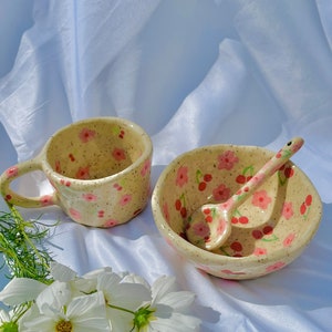 PREORDER:cherry cake handmade breakfast set-mug,bowl,spoon-handmade ceramic mug,handmade ceramic bowl, handmade ceramics,cherry mug,cute mug