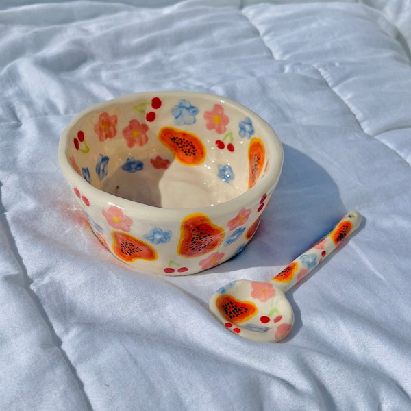 PREORDER: papaya fruit handmade ceramic bowl w/ matching spoon-handmade ceramic bowl-ceramic bowl-handmade ceramics-fruit bowl-handmade bowl