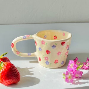 Preorder:dainty Strawberry Flowers Handmade Ceramic Mug-clay Mug ...