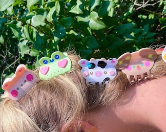 Può includere: Una collezione di fermagli per capelli decorativi e colorati con vari disegni di animali, tra cui una rana, una mucca e un gatto. Le clip sono attaccate a capelli biondi, con uno sfondo di fogliame verde e fiori gialli.