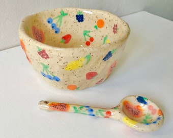 PREORDER: handmade fruit salad speckled stoneware ceramic bowl-handmade bowl-handmade fruit bowl-papayas bowl-strawberry bowl-fruit pottery-