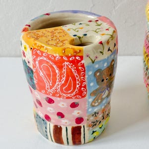 PREORDER: patchwork handmade ceramic travel mug - handpainted travel mug - quilt pottery to go cup