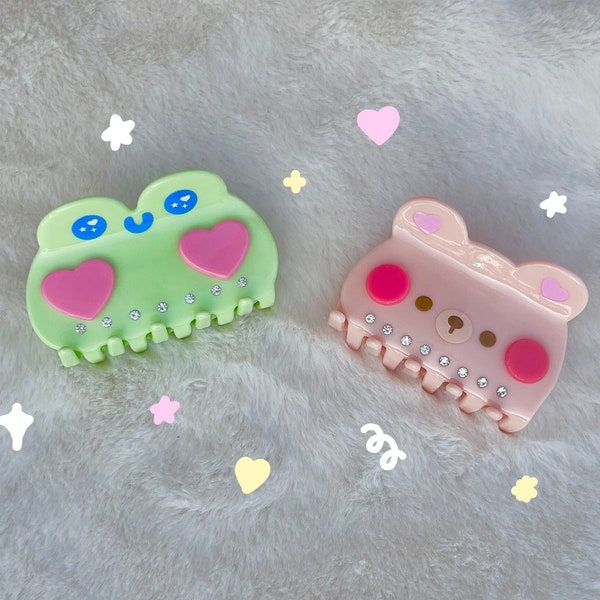 froggy and beary hair clips-acetate hair claw,cute hair claw,kawaii hair claw,hair clip,cute hair clip,hair accessory,acrylic hair clip,frog