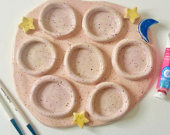 kawaii night sky handmade ceramic paint palette-handmade paint palette-handmade palette-aesthetic paint palette-watercolor palette