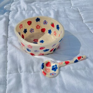 PREORDER:strawberry garden handmade ceramic bowl and matching spoon-handmade ceramic bowl-ceramic bowl-handmade ceramics-fruit bowl-bowl