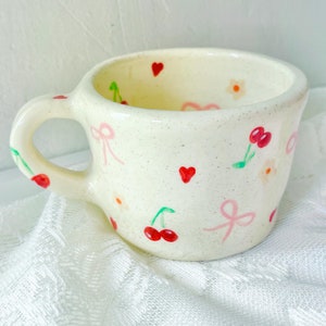 cherry and bows handmade ceramic mug-ceramic mug cute-cute cup handmade-cherry mug-bow mug-girly mug handmade-handpainted mug-coquette mug