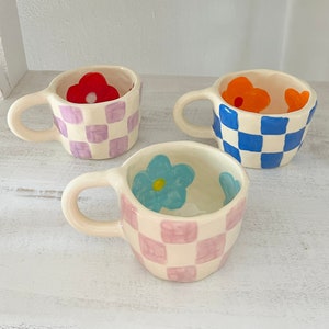 checkered and flower mug-handmade ceramic mug -clay mug handmade-handmade coffee mug,aesthetic mug,ceramic mug,handmade ceramics,cute mug