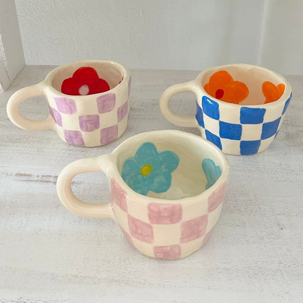 checkered and flower mug-handmade ceramic mug -clay mug handmade-handmade coffee mug,aesthetic mug,ceramic mug,handmade ceramics,cute mug