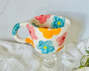 cute flowers handmade ceramic mug-clay mug handmade-handmade mug-aesthetic mug-flower coffee mug-cute mug,handmade ceramic mug-handmade gift