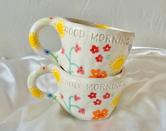 buenos días taza de cerámica hecha a mano-taza de arcilla hecha a mano-taza hecha a mano-taza estética-taza de café de flores-taza linda-taza de té-taza de cerámica hecha a mano-taza