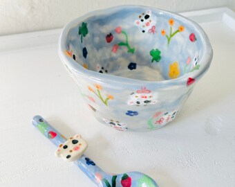 PREORDER: cowy's clover garden handmade ceramic bowl w/ matching spoon-handmade ceramic bowl-ceramic bowl-handmade ceramics-fruit bowl-cow