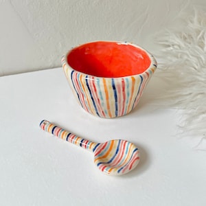 stripes handmade ceramic bowl w/ matching spoon-handmade ceramic bowl-ceramic bowl-handmade ceramics-fruit bowl-handmade bowl-striped bowl