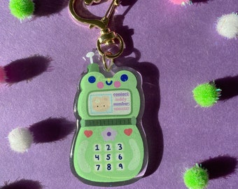 froggy flip phone acrylic keychain-acrylic keychain,cute frog keychain,cute acrylic charm,cute frog charm,kawaii keychain,frog keychain
