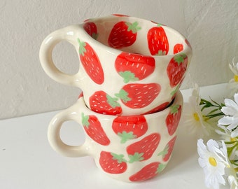 PREORDER:strawberries forever handmade ceramic mug-clay mug handmade,handmade coffee mug,aesthetic mug,modern coffee mug,cute mug