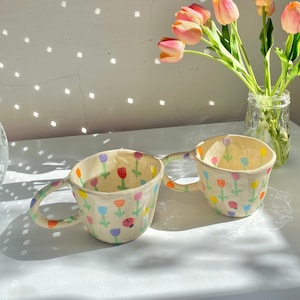 PREORDER: tulip garden handmade ceramic mug-handmade ceramic mug,handmade clay mug,handmade pottery mug,handpainted ceramic mug, flowers mug