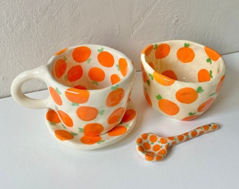 PREORDER: orange love handmade breakfast set-fruit mug-fruit bowl-mug set-cute ceramics-fruit ceramics-fruit cup-handmade coffee cup-fruit