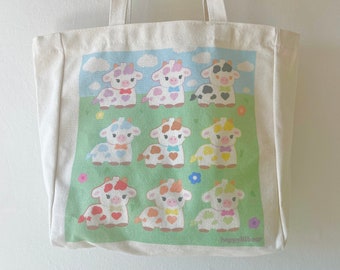 rainbow cows canvas tote bag-bear shoulder bag-cow tote bag-cute tote bag-cow stuff-kawaii tote bag-grocery bag-cow purse-tote bag-cute