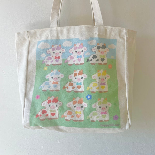 rainbow cows canvas tote bag-bear shoulder bag-cow tote bag-cute tote bag-cow stuff-kawaii tote bag-grocery bag-cow purse-tote bag-cute