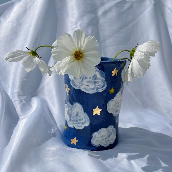 midnight sky handmade ceramic vase with real gold stars-handmade vase-handmade ceramic vase-ceramic vase-handpainted vase