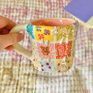 PREORDER: handmade quilted patchwork ceramic mug-unique ceramic mug-bow mug-handmade ceramic mug-unique pottery mug-patchwork quilt-mug her