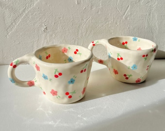 PREORDER:cherry kiss handmade ceramic mug-cute ceramic mug,handmade ceramic mug,handmade clay mug,aesthetic clay mug,cherries mug,flower mug