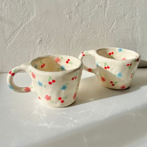 PREORDER:cherry kiss handmade ceramic mug-cute ceramic mug,handmade ceramic mug,handmade clay mug,aesthetic clay mug,cherries mug,flower mug