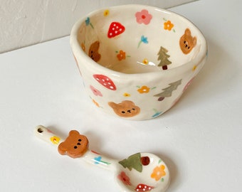 PREORDER: beary's forest handmade ceramic bowl w/ matching spoon-handmade ceramic bowl-ceramic bowl-handmade ceramics-fruit bowl-handmade