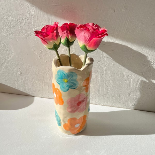 handmade ceramic flower power vase -cute vase-handmade vase-handpinched vase-pretty vase-flower vase-handpainted vase