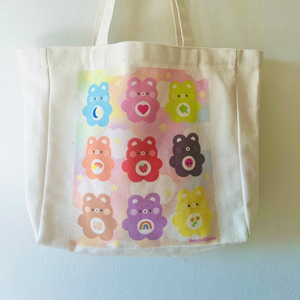 rainbow bears canvas tote bag-bear shoulder bag-frog tote bag-cute tote bag-frog stuff-kawaii tote bag-grocery bag-frog purse-tote bag-cute