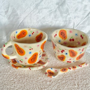 PREORDER: papaya and cherry handmade breakfast set--fruit mug-fruit bowl-mug set-cute ceramics-fruit ceramics-fruit cup-handmade coffee cup
