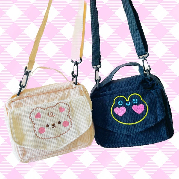 frog and bear bff matching corduroy purse crossbody,crossbody bag,frog purse,frog crossbody,teddy bear purse,cottagecore bag,kawaii bag,frog