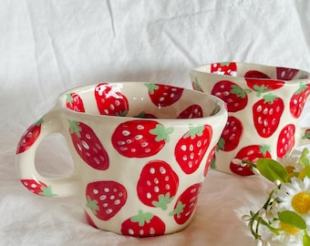 PREORDER:strawberries forever handmade ceramic mug-clay mug handmade,handmade coffee mug,aesthetic mug,modern coffee mug,cute mug