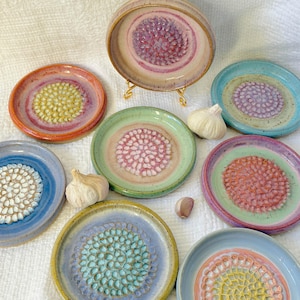 Può includere: Una collezione di grattugie per aglio in ceramica fatte a mano in vari colori, tra cui arancione, blu, verde e rosa. Ogni grattugia presenta una superficie strutturata per grattugiare l'aglio, con un design centrale. È presente anche un bulbo d'aglio.
