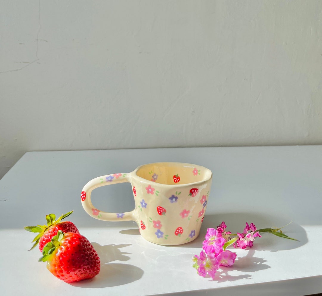 Preorder:dainty Strawberry Flowers Handmade Ceramic Mug-clay Mug ...
