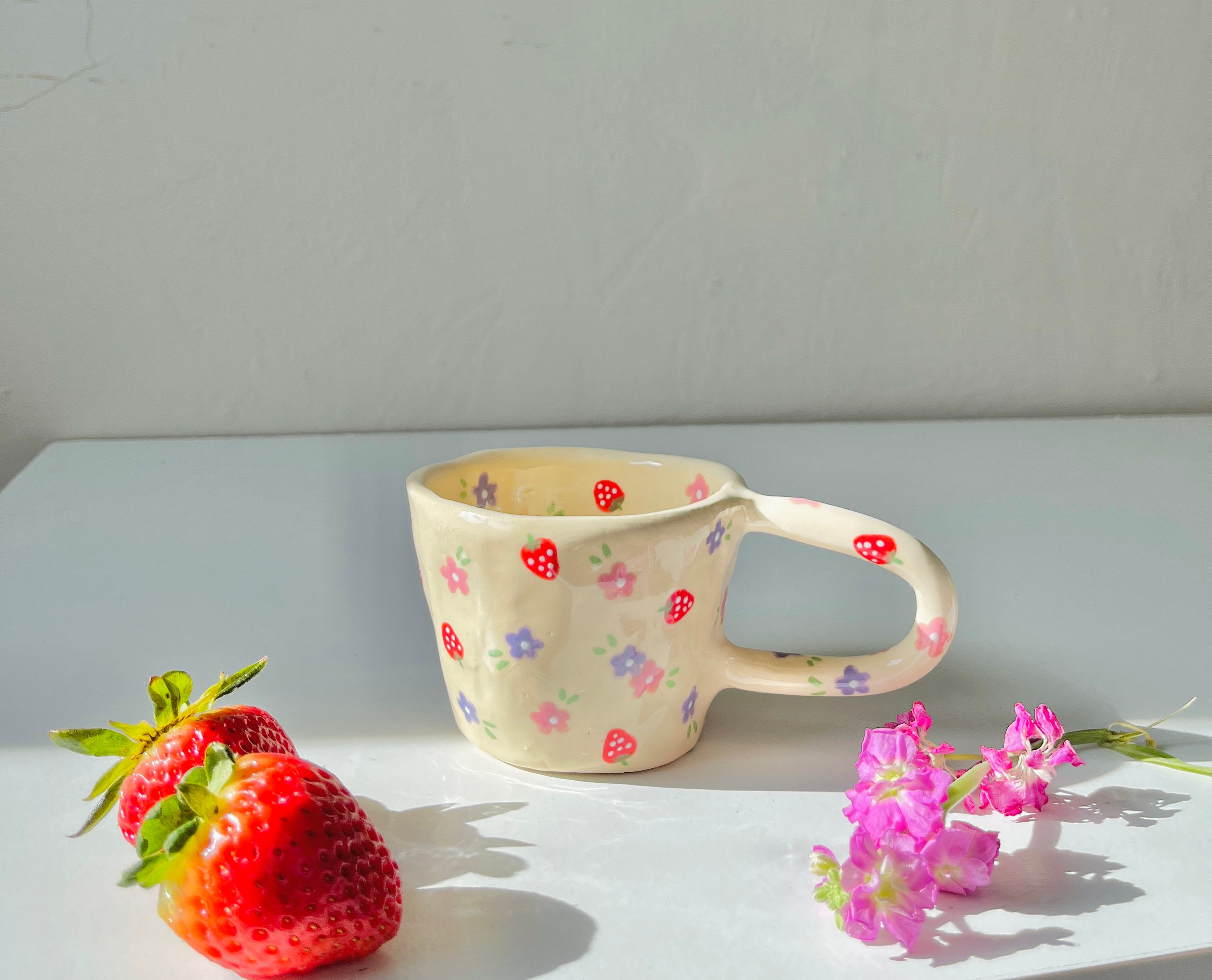 Preorder:dainty Strawberry Flowers Handmade Ceramic Mug-clay Mug
