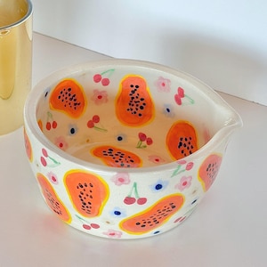 PREORDER: papaya and cherry handmade ceramic matcha bowl-papaya matcha bowl-fruit matcha bowl handmade-cute matcha bowl-handmade matcha bowl