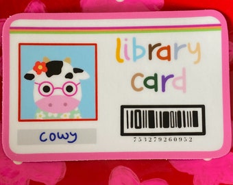 cowy library card sticker// cute cow sticker, funny cow sticker, weatherproof sticker, kawaii cow sticker, unique cow sticker