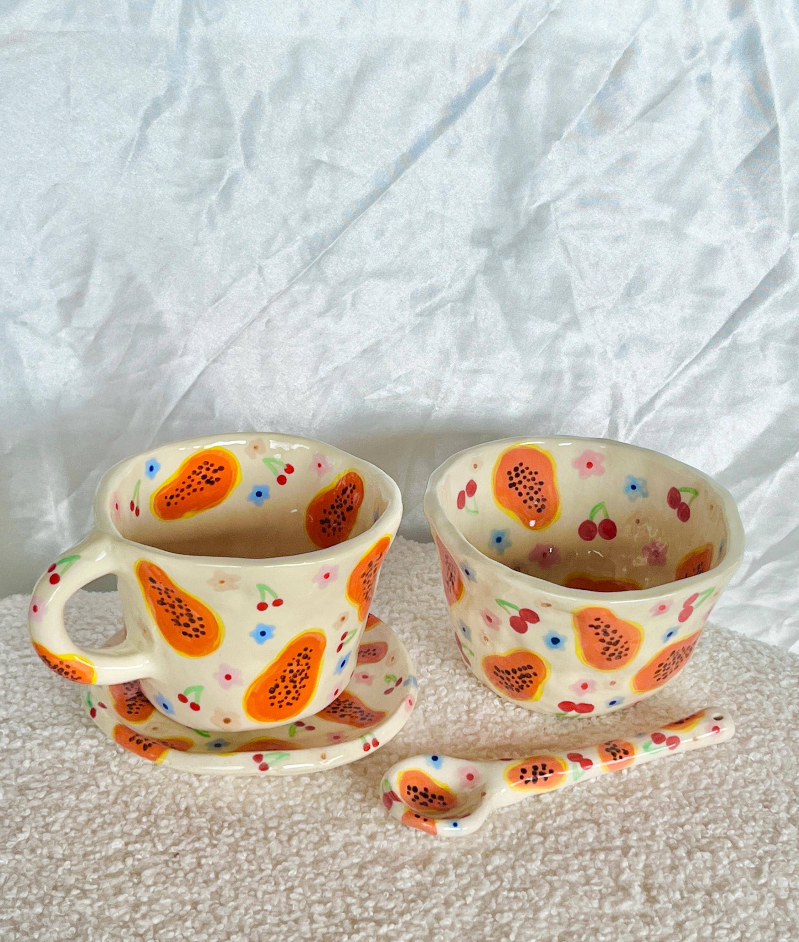 PREORDER: papaya and cherry handmade breakfast set--fruit mug-fruit  bowl-mug set-cute ceramics-fruit ceramics-fruit cup-handmade coffee cup