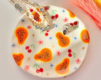 papayas and cherries 6 inch trinket dish-handmade ring dish-handmade jewelry dish-handmade catch all dish-ceramic dish jewelry-jewelry plate
