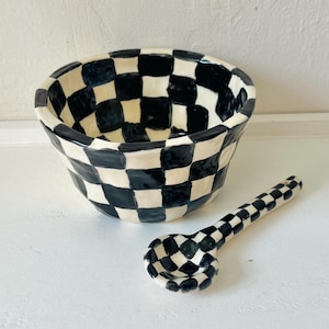 PREORDER: checkered bowl & spoon-checker print bowl,unique handmade bowl,checker print mug,checkered ceramic bowl,handmade bowl gift