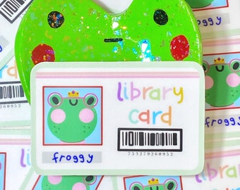 froggy library card sticker // weatherproof, die cut, fun, colorful, cute, kawaii, unique sticker