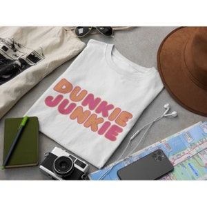 Dunkie Junkie Long Sleeve Shirt - Funny Dunkin Donuts White Long Sleeve Tee, Coffee Lover, Gift for Her, Warm, Cozy, Dunkin Donuts Tee