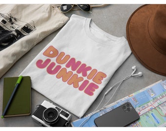 Dunkie Junkie Long Sleeve Shirt - Funny Dunkin Donuts White Long Sleeve Tee, Coffee Lover, Gift for Her, Warm, Cozy, Dunkin Donuts Tee