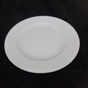 May include: A white ceramic plate with a wide rim. The plate is round and has a smooth, glossy surface. The plate is suitable for serving food.