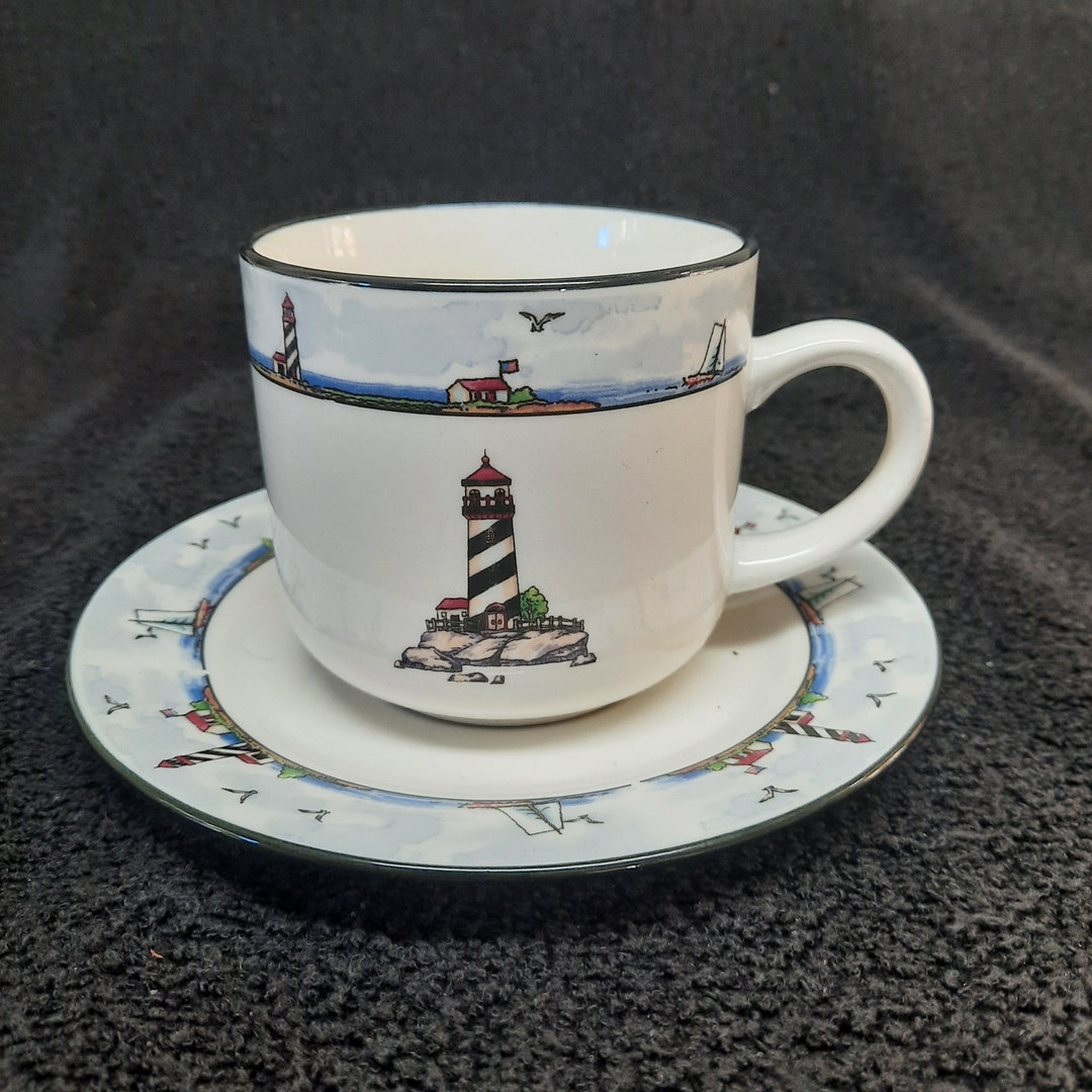 Totally Today Coastal Lighthouse Pattern Coffee Cup and Saucer Set Etsy