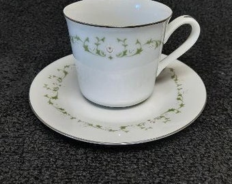 Sheffield Fine China Elegance Pattern Flat Coffee Cup and Saucer Set Platinum Trim Made in Japan