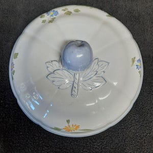 Puede incluir: Una fuente de cer&aacute;mica blanca con tapa. La tapa presenta un asa en forma de manzana azul claro y un dise&ntilde;o de hojas. El plato est&aacute; decorado con peque&ntilde;os detalles florales azules y amarillos.