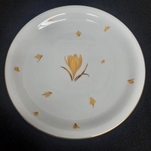 May include: A white ceramic dish with a gold rim and a yellow crocus flower design. The dish is decorated with small gold crocus petals.